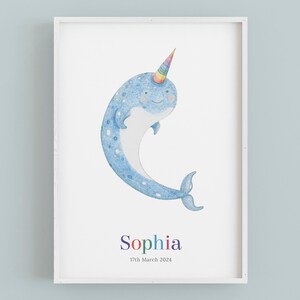 Personalised Narwhal Art Print for Nursery | Newborn Gift | Giclée on Bamboo Paper | Custom Name & DOB | Ocean Themed Children&#39;s Decor