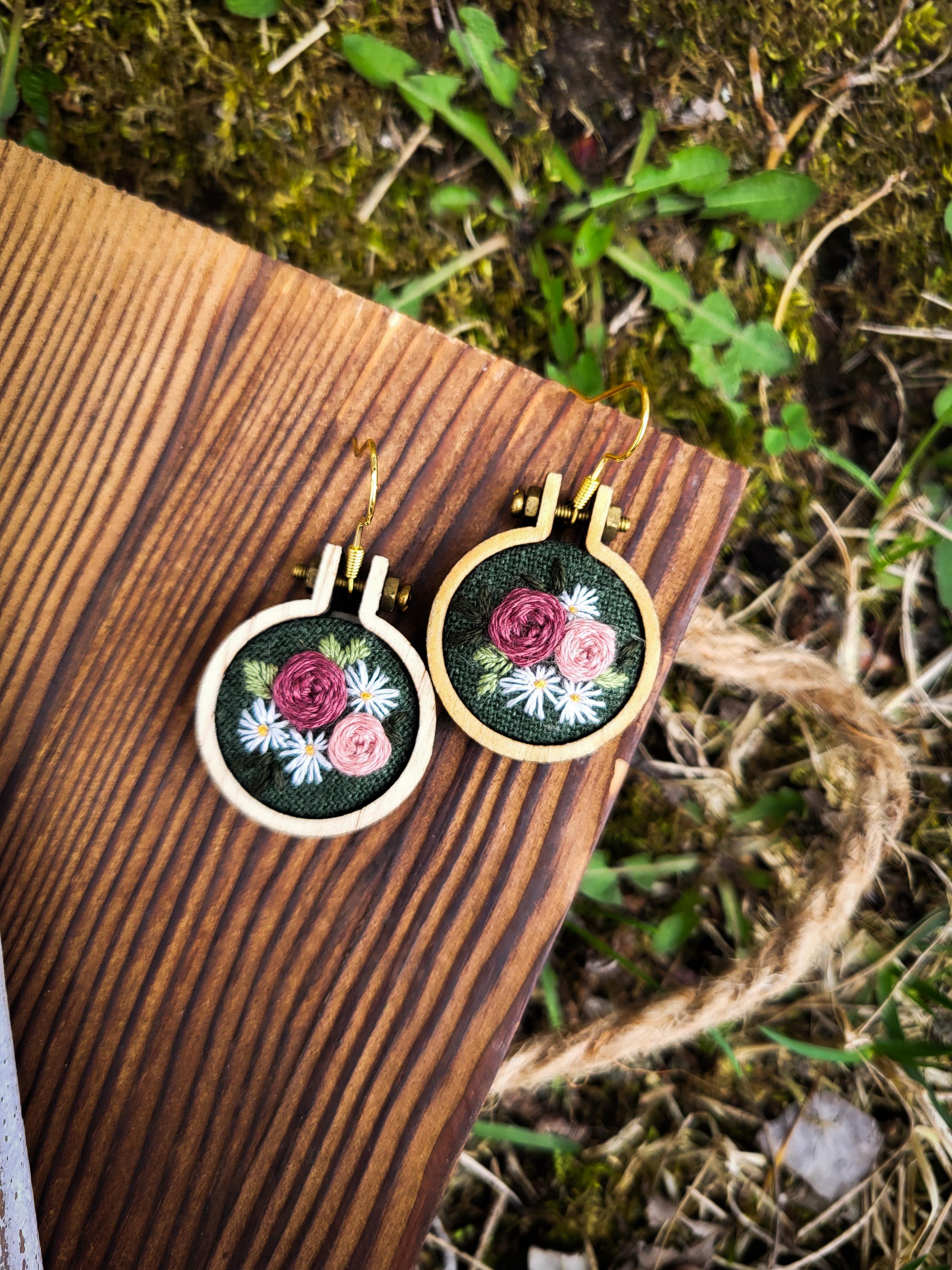 Hand-Embroidered Floral Earrings - Spring Bouquet - Mini Embroidery Hoop Earrings - Hypoallergenic - Gifts for Her