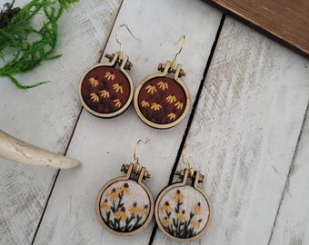 Hand-Embroidered Black-Eyed Susan Flower Earrings - Mini Embroidery Hoop Earrings - Hypoallergenic - Gifts for Her