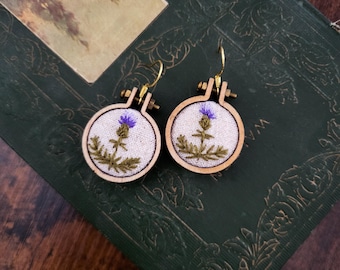 Hand-Embroidered Thistle Flower Earrings - Mini Embroidery Hoop Earrings - Hypoallergenic - Gifts for Her