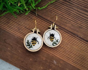 Hand-Embroidered Honey Bee Earrings - Mini Embroidery Hoop Earrings - Hypoallergenic - Gifts for Her