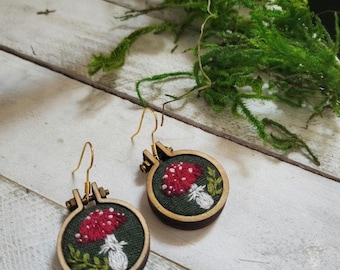 Hand-Embroidered Red Toadstool Mushroom Earrings - Mini Embroidery Hoop Earrings - Hypoallergenic - Gifts for Her
