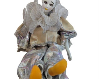 Vintage Porzellan Musical Moving Pierrot Clown Harlekin Narr Puppe