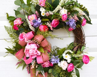 Deep Pink Rose and Peony Wreath, Fuschia and Blush Roses, June Birthday for Cottage Door; Spring, Summer Wreath; Elegant  with Large Bow