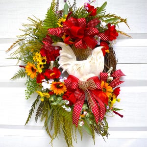 Humorous White Chicken Wreath for Summer, Fall with Bows, Grasses, Meadow Flowers, Daisies, Ferns for Front Door; Lovers of Chicks, Farms