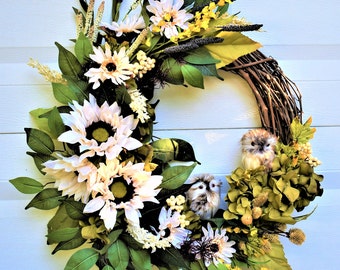 Owl Wreath with White Neutral Sunflowers, Cottagecore Wreath, Round Natural Grapevine Wreath; Moss Green Foliage, Will Blossom in Any Decor