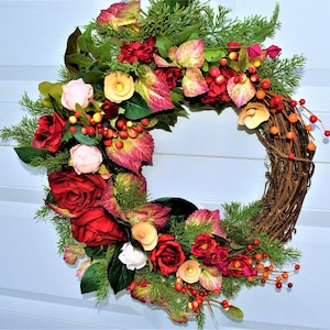 Red Rose Wreath;  Front Door Wreath with Blush Pink and White Peony Buds, Berries and Mixed Greenery Wall Hanger; Rustic Wood Roses
