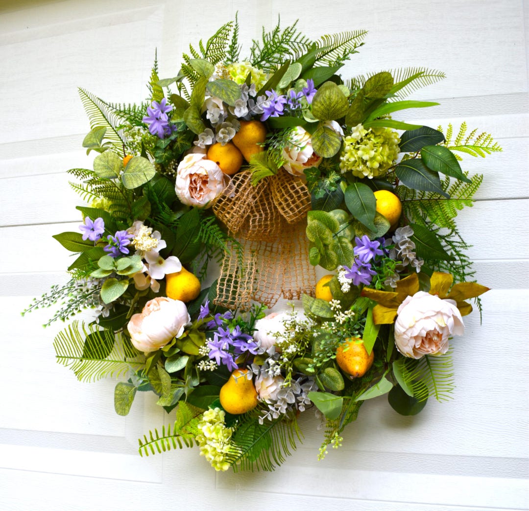 Golden Pears, Pale Peach Cabbage Roses, Forget-me-nots, Open Weave Bow ...