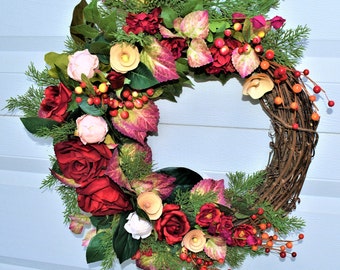 Deep Red Rose Wreath; Spring and Summer Front Door Wreath with Blush Pink and White Peony Buds, Berries and Mixed Greenery