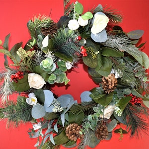 Winter Sparkling Wreath; Eucalyptus, Berries, Evergreen Mix Home Decor and White Peonies for Front Door