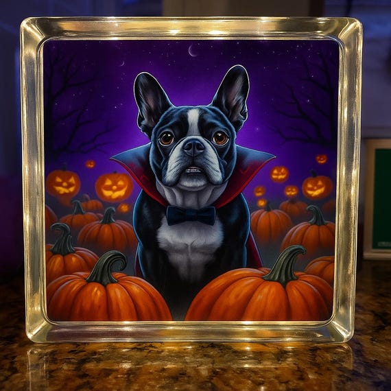 Boston Terrier Vampire Halloween Glass Block Light –7x7 LED Decor, Spooky Dog Lover Gift, Fall Home Accent, limited edition