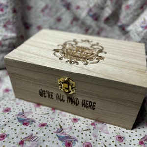 Engraved Cheshire cat mad here wooden gift box