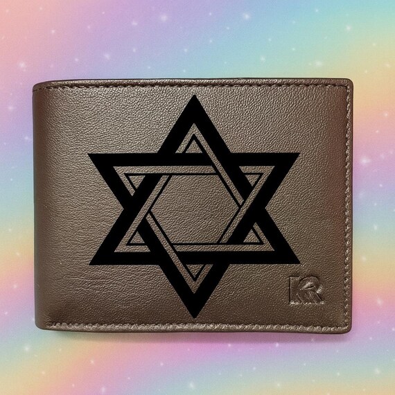 jewish hebrew star symbol Personalized Leather Wallet for Men Custom Engraved Bifold  Gift for Husband, Boyfriend, Groomsmen, Dad