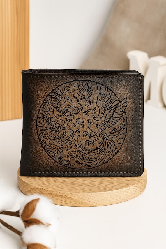 Personalized Leather dragon vs phoenix Wallet for Men – Custom Engraved Bifold – Gift for Husband, Boyfriend, Groomsmen, Dad –