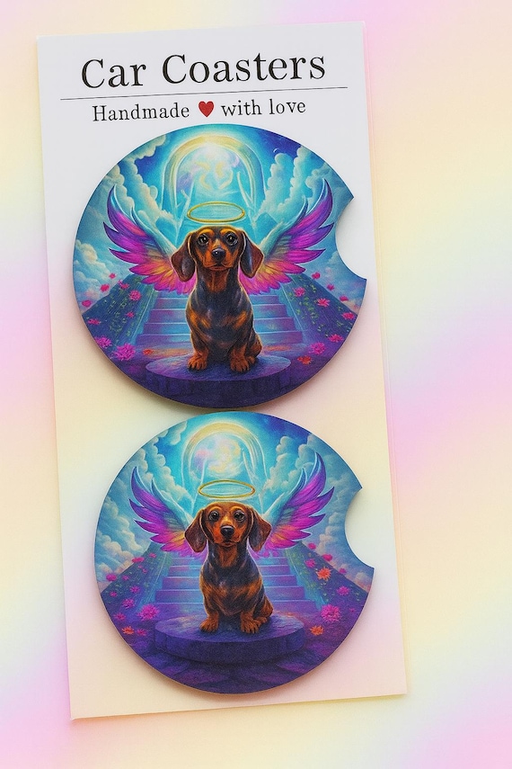 Angel Dachshund Car Coasters Set of 2, Rainbow Bridge Dog Memorial Cup Holder Coasters, Halo Doxie Car Accessories, Gift for Dog Mom