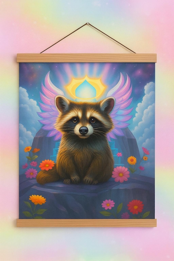 Psalm 91:11 Angel Raccoon Canvas Print 8x11 – “For He Shall Give His Angels Charge Over Thee” Christian Nursery Wall Art