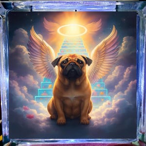 Puede incluir: Impresión de arte digital que presenta un pug con alas de ángel y un halo, ascendiendo una escalera hacia una luz brillante. El fondo incluye nubes y un tema celestial, en un marco de bloque de vidrio decorativo.