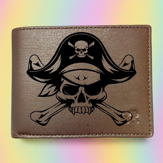 Engraved Leather Pirate Wallet | Gamer Skull Crossbones Wallet | Personalized Men’s Gift | Custom Leather Bifold | Pirate Themed Gift
