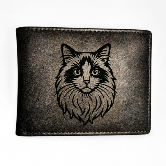 Custom Leather Wallet with Long-Haired Cat Engraving – Handmade Bifold Wallet for Cat Lovers – Personalized Pet Portrait Gift