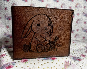Engraved Leather Wallet, Necrorabbit Design, Personalized Gift