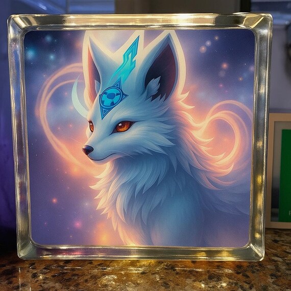 Celestial Guardian LED Light – 7x7 Glass Block with Mystical Kitsune Fox – Spirit Animal Night Light – Fantasy Cosmic Decor Gift
