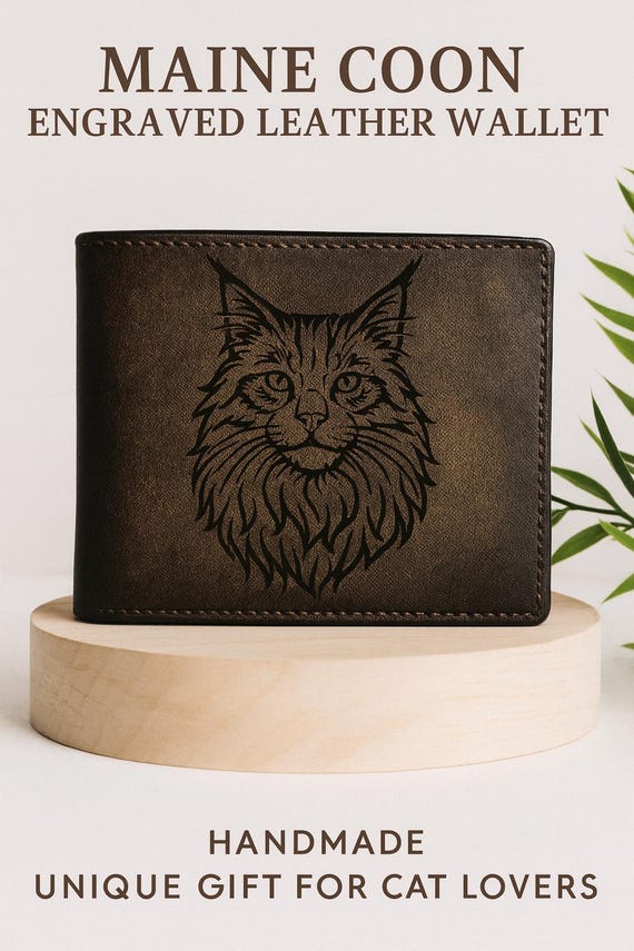 Maine Coon Cat Leather Wallet – Handcrafted Bifold Wallet with Laser Engraved Cat Portrait – Unique Gift for Cat Lovers