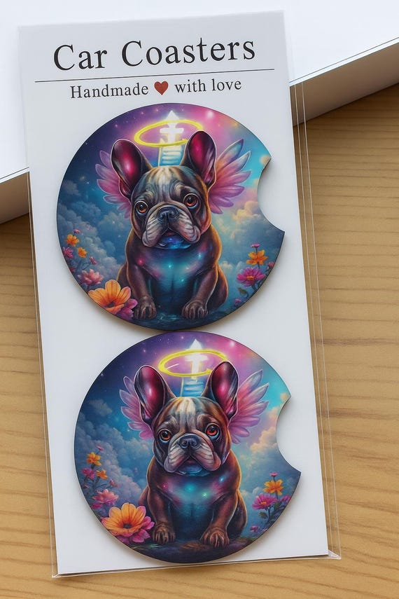 Angel French Bulldog Car Coasters Set of 2, Memorial Dog Cup Holder Coasters, Halo Frenchie Car Accessories, Gift for Dog Mom