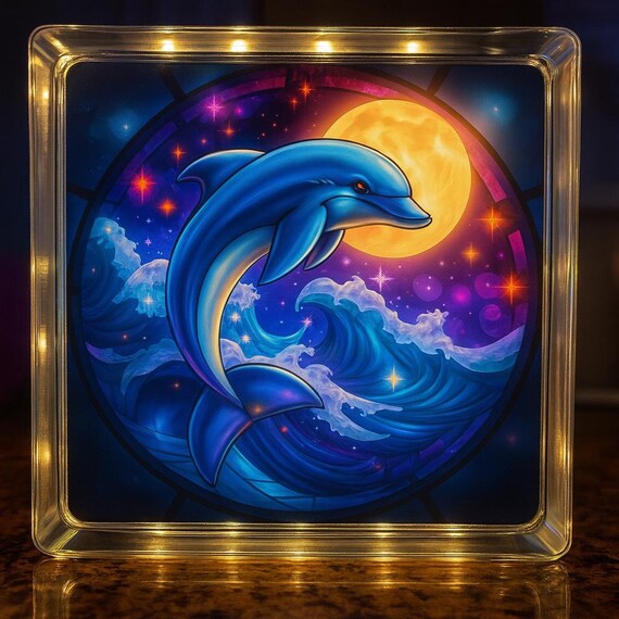 Magical Dolphin Glass Block Light – Ocean Wave & Moonlit Sky Illuminated Night Light | Coastal LED Home Decor | Sea Animal Gift