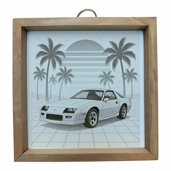 Retro Car Wall Art – 8x8 Camaro IROC-Z Print with Palm Trees & Sunset – 80s Vaporwave Aesthetic Wall Decor – Man Cave or Garage Gift