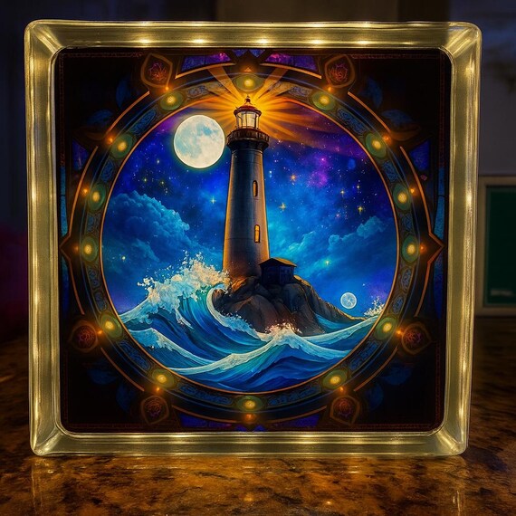 Lighthouse Beacon of Dreams” – 7x7 Lighted Glass Block Night Light | Coastal Nautical Home Decor | Ocean Wave Art Gift