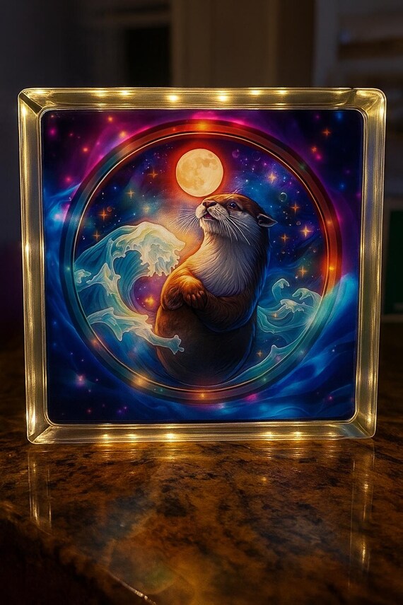 Celestial Otter Moonlight Glass Block Light – Illuminated Ocean Wave Decor with Whimsical Animal Art”