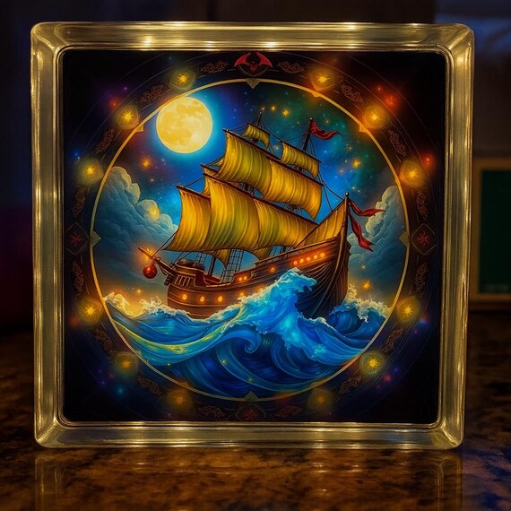 Moonlit Pirate Ship Glass Block Light – Nautical Night Light, Illuminated Ocean Art Decor, Coastal Glow Box, Pirate Ship Gift for Him or Her