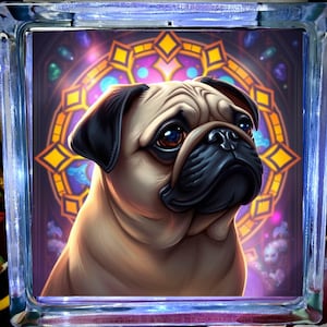 Puede incluir: Un primer plano de un perro pug con ojos marrones y nariz negra. El perro está mirando hacia la izquierda de la imagen. El perro está delante de una ventana de vidriera con un diseño morado, azul y amarillo.