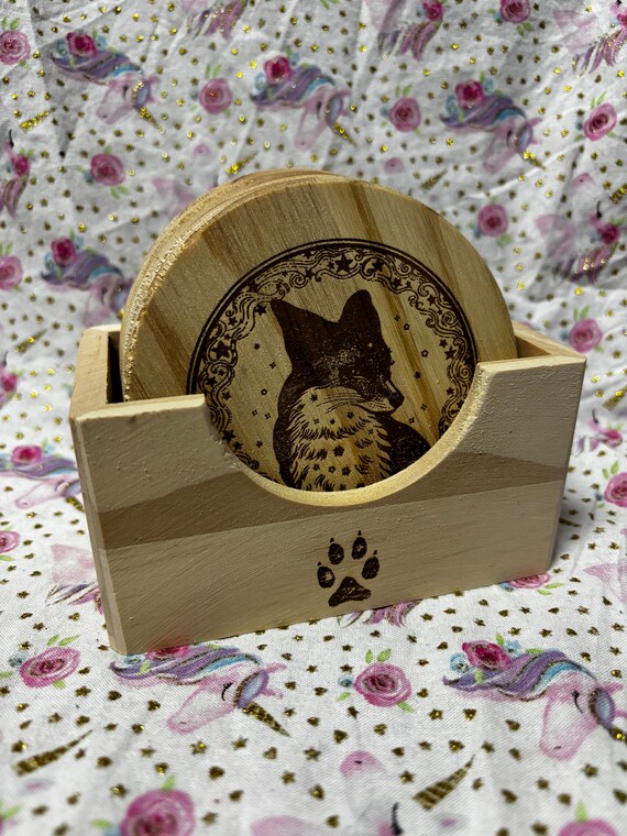 6 piece fox inspired engraved wooden Coaster set