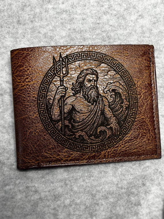Poseidon greek god Personalized Leather Wallet for Men – Custom Engraved Bifold – Gift for Husband, Boyfriend, Groomsmen, Dad –