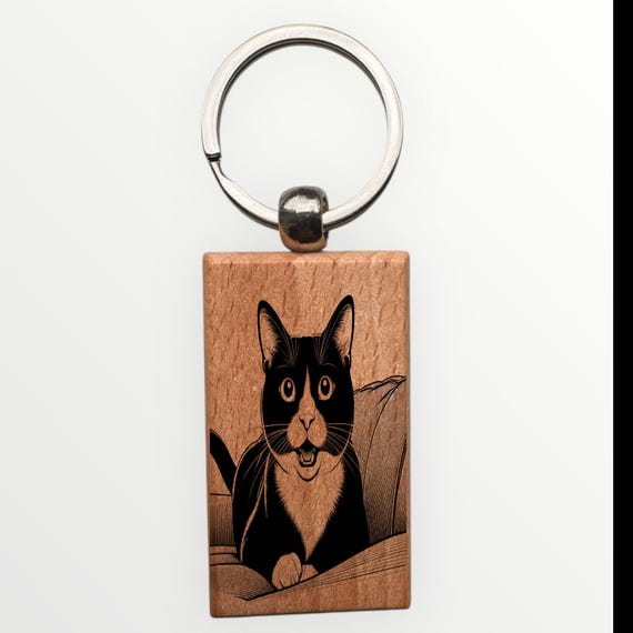 Tuxedo cat laser engraved Keychain 2.16 inches