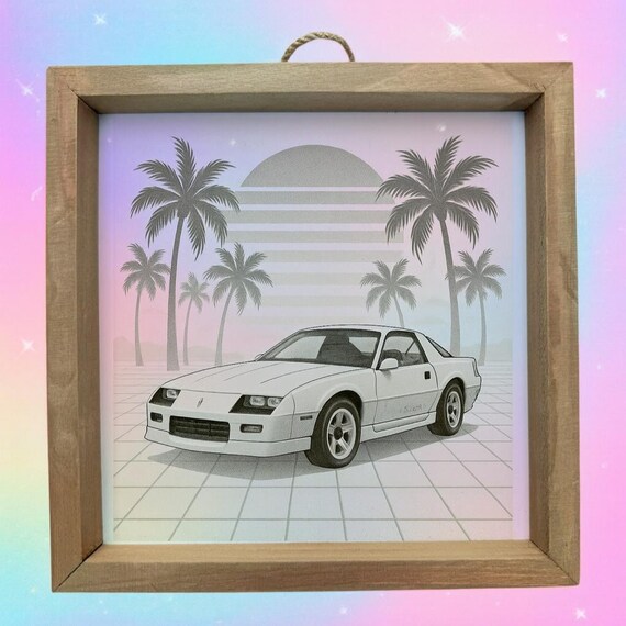Retro Car Wall Art – 8x8 Camaro IROC-Z Print with Palm Trees & Sunset – 80s Vaporwave Aesthetic Wall Decor – Man Cave or Garage Gift