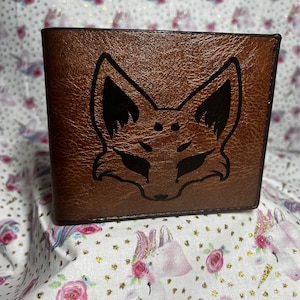 Cartera de cuero con grabado de zorro kitsune, billetera plegable para guardar cosas para hombres, adolescentes y niños.