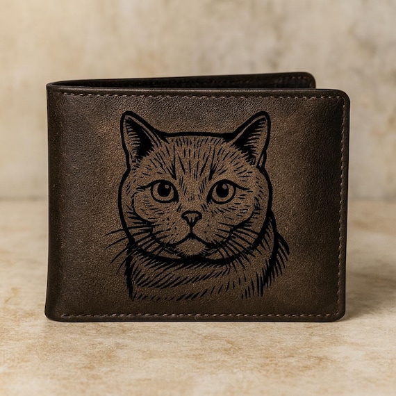 British Shorthair Cat Engraved Leather Wallet – Handmade Pet Lover Gift, Custom Cat Portrait Bifold