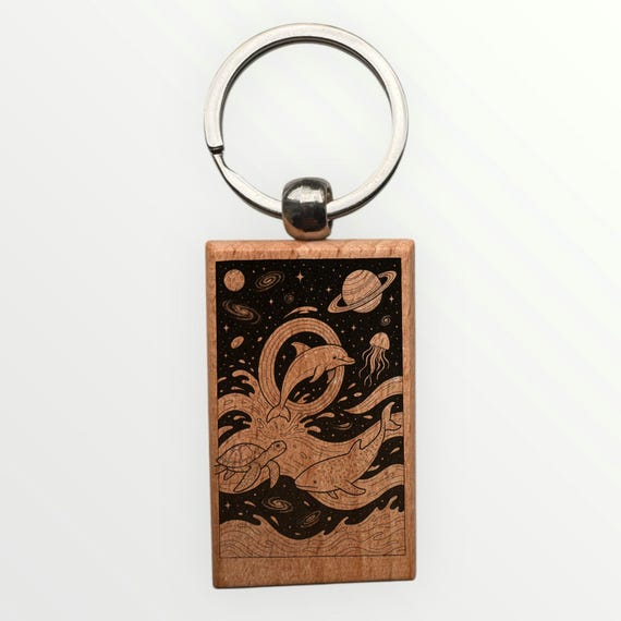 Deep Space Deep Sea Wooden laser engraved Keychain 2.16 inches