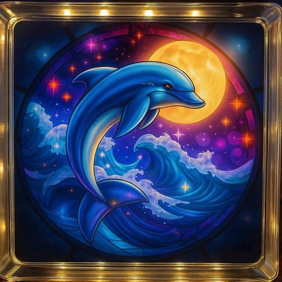 Magical Dolphin Glass Block Light – Ocean Wave & Moonlit Sky Illuminated Night Light | Coastal LED Home Decor | Sea Animal Gift
