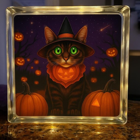 Witchy Whiskers” – Halloween Cat Glass Block Light | Glowing Eyes | Spooky Cute Decor/ limited edition