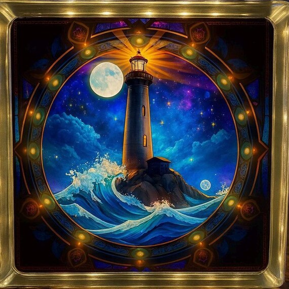 Lighthouse Beacon of Dreams” – 7x7 Lighted Glass Block Night Light | Coastal Nautical Home Decor | Ocean Wave Art Gift