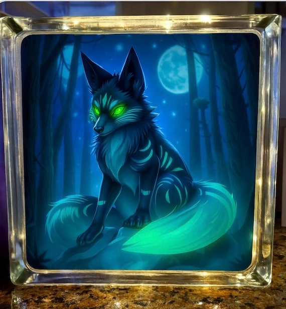 Forest Guardian Glass Light – 7x7 LED Block with Neon Spirit Fox – Glowing Fox Night Light – Mystical Forest Decor for Fantasy Lovers