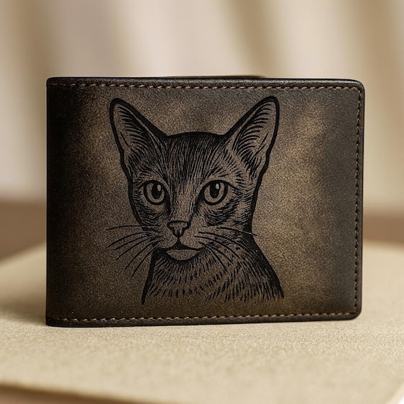 Personalized Abyssinian Cat Engraved Leather Wallet – Custom Pet Memorial Gift, Handmade Bifold for Cat Lovers, Unique Feline Artwork Wallet