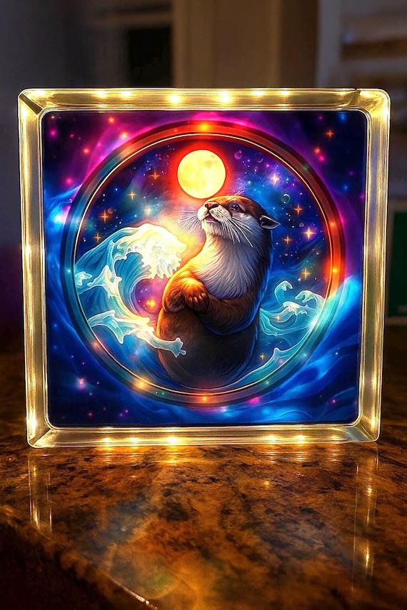 Enchanted Waves Otter Moonlight Glass Block Light – Illuminated Ocean Wave Decor with Whimsical Animal Art”