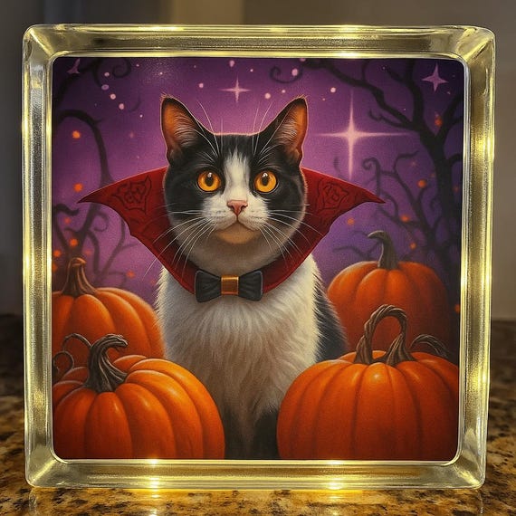 Dracula Cat Halloween Glass Light – Spooky 7x7 LED Block Decor for Fall & Feline Lovers limited edition