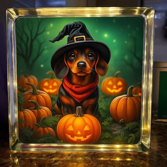 Witchy Weenie – Halloween Dachshund Glass Block Light | Spooky Decor | Illuminated Pet Lover Gift / limited edition