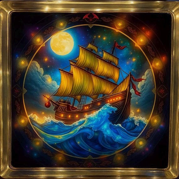 Moonlit Pirate Ship Glass Block Light – Nautical Night Light, Illuminated Ocean Art Decor, Coastal Glow Box, Pirate Ship Gift for Him or Her