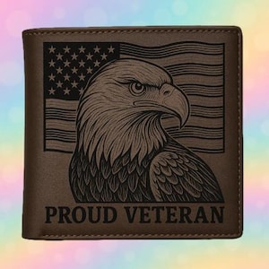 Proud Veteran wallet – Laser Engraved Eagle & American Flag – Leather Wrapped Gift for Military Men | Custom wallet for Veterans